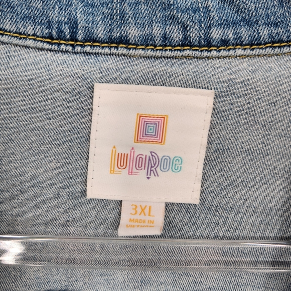 Lularoe Jaxon Denim Jacket Womens Size 3XL Blue Star Print Button Front Stretch - Picture 4 of 8